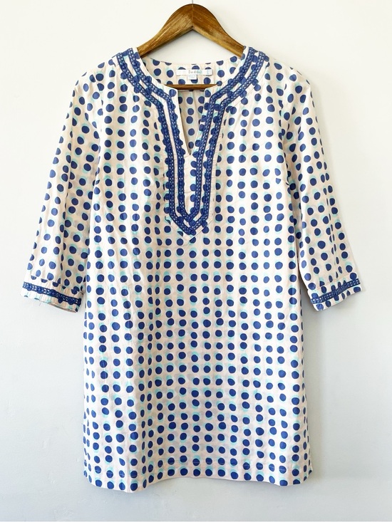 Boden Dresses & Skirts - Boden White Mini Dress with Blue Polka Dots and Embroidered V-Neck Size 6 EUC